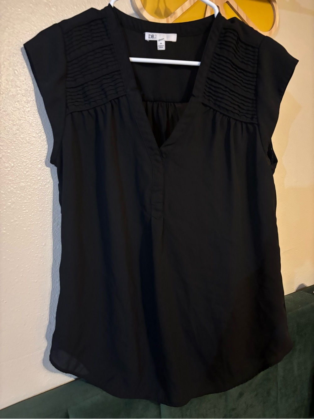 DR2 Black V-Neck Pintuck Shoulder Blouse